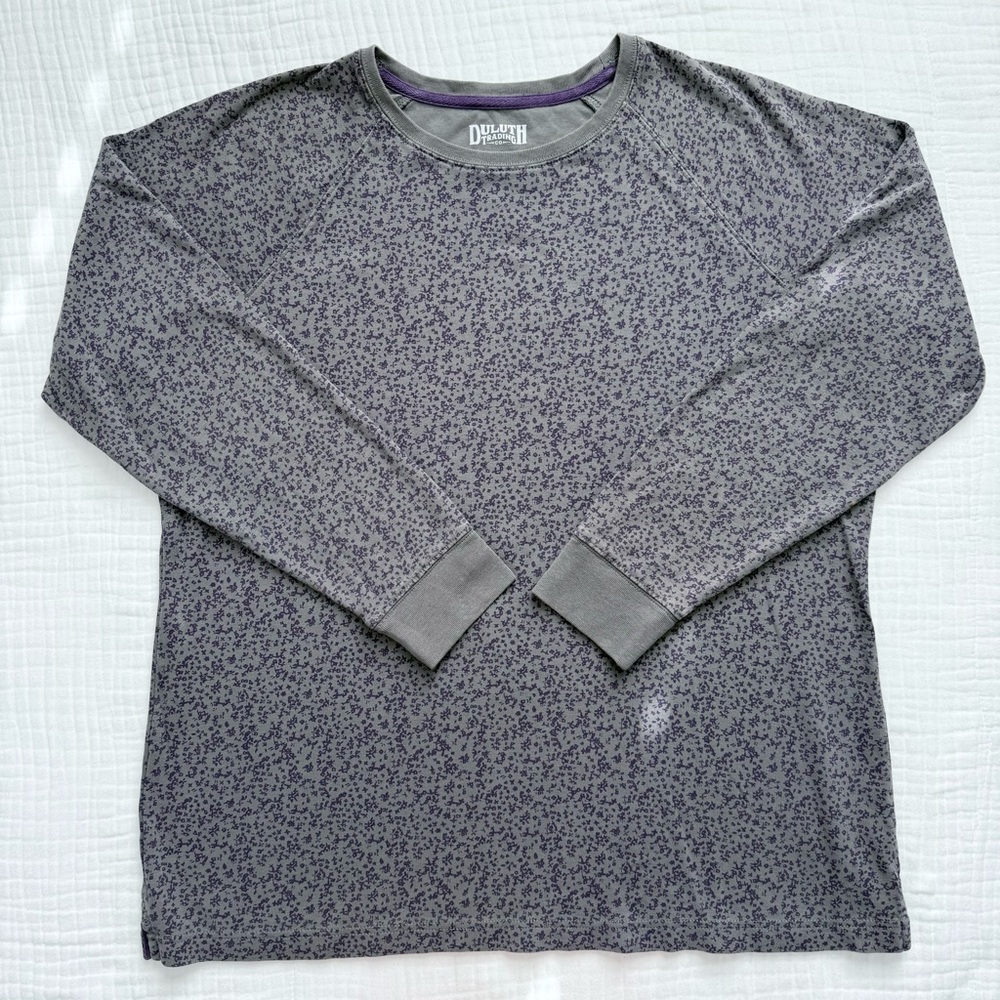 Duluth Trading Co 100% cotton gray & purple floral long sleeve tee size large